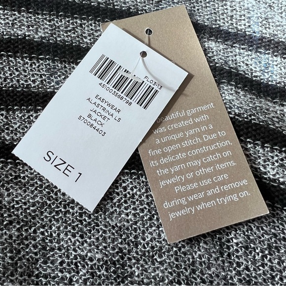 Chico’s Easywear Alastrina Striped Gray Black Open Front Light Knit Cardigan - Picture 13 of 13